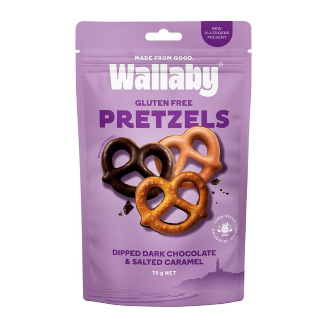 Wallaby Gluten Free Sweet Pretzels (Dark Choc & Salted Caramel) 70g