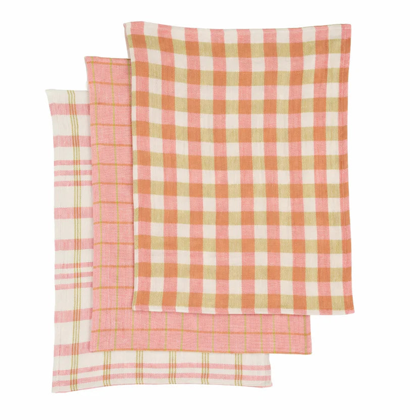 Assemble Recycled Cotton Tea Towels S/3 Peach/Olive