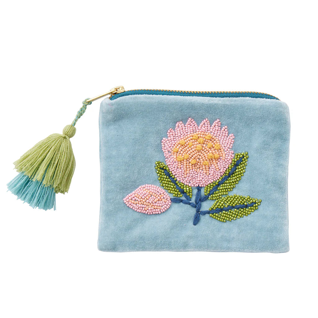 Protea Embedded Velvet Pouch 16x13cm Blue